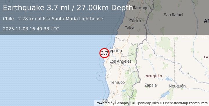 Earthquake OFFSHORE BIO-BIO, CHILE (3.7 ml) (2025-11-03 16:40:38 UTC)