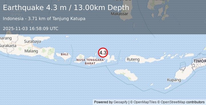 Earthquake SUMBAWA REGION, INDONESIA (4.3 m) (2025-11-03 16:58:09 UTC)