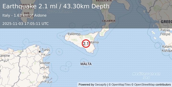 Earthquake SICILY, ITALY (2.1 ml) (2025-11-03 17:05:11 UTC)