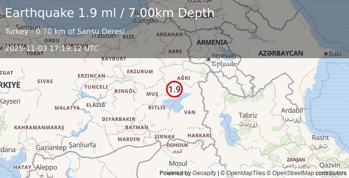 Earthquake EASTERN TURKEY (1.9 ml) (2025-11-03 17:19:12 UTC)