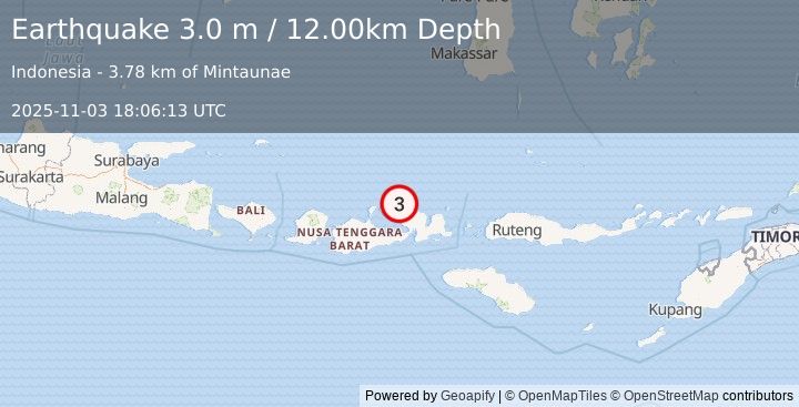 Earthquake SUMBAWA REGION, INDONESIA (3.0 m) (2025-11-03 18:06:13 UTC)