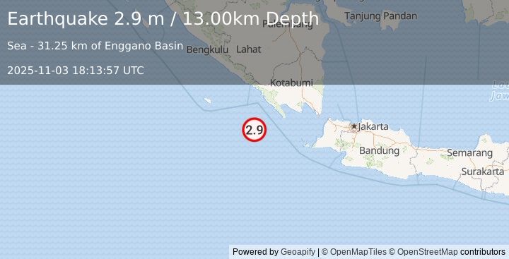 Earthquake SOUTHWEST OF SUMATRA, INDONESIA (2.9 m) (2025-11-03 18:13:57 UTC)