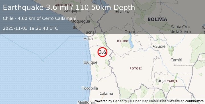 Earthquake TARAPACA, CHILE (3.6 ml) (2025-11-03 19:21:43 UTC)