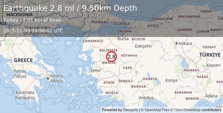 Earthquake WESTERN TURKEY (2.8 ml) (2025-11-03 19:56:02 UTC)