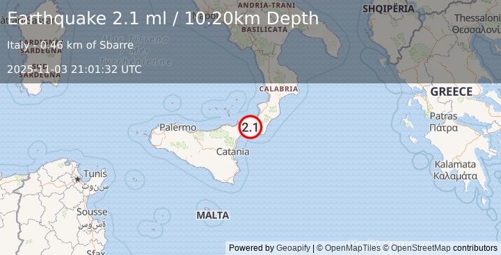 Earthquake SICILY, ITALY (2.1 ml) (2025-11-03 21:01:32 UTC)
