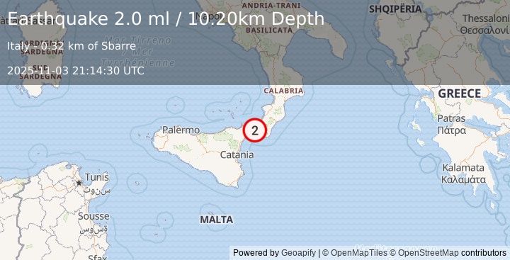 Earthquake SICILY, ITALY (2.0 ml) (2025-11-03 21:14:30 UTC)