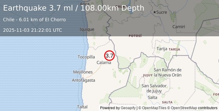 Earthquake ANTOFAGASTA, CHILE (3.8 ml) (2025-11-03 21:22:02 UTC)