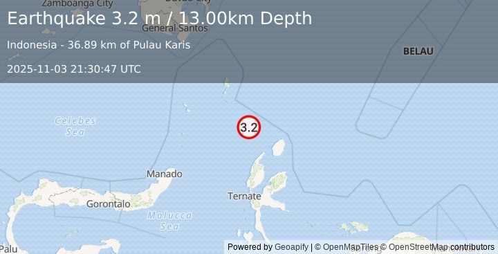 Earthquake MOLUCCA SEA (3.2 m) (2025-11-03 21:30:47 UTC)