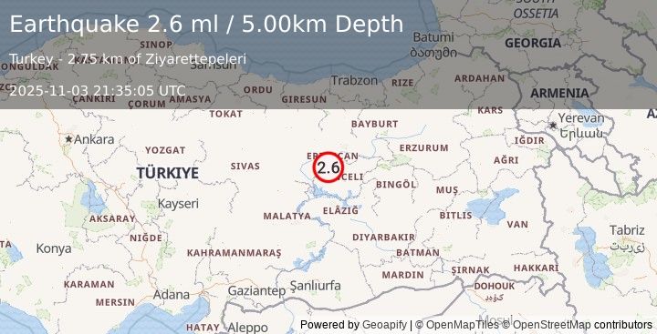Earthquake EASTERN TURKEY (2.6 ml) (2025-11-03 21:35:05 UTC)