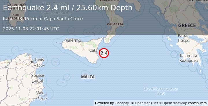 Earthquake SICILY, ITALY (2.4 ml) (2025-11-03 22:01:45 UTC)