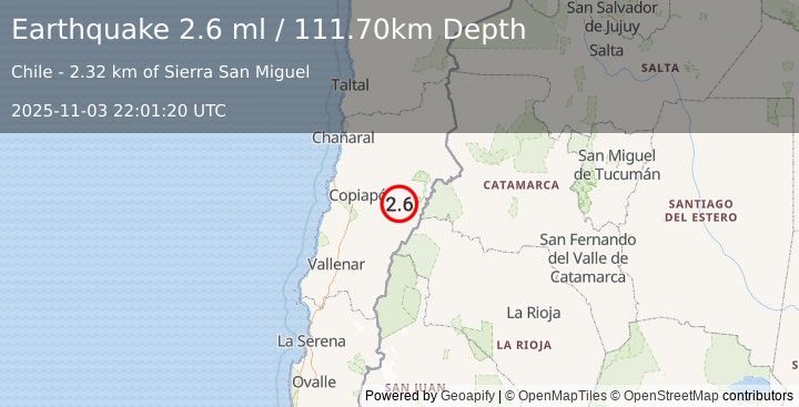 Earthquake ATACAMA, CHILE (2.6 ml) (2025-11-03 22:01:20 UTC)