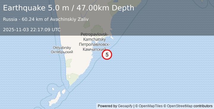 Earthquake OFF EAST COAST OF KAMCHATKA (5.0 mb) (2025-11-03 22:17:08 UTC)