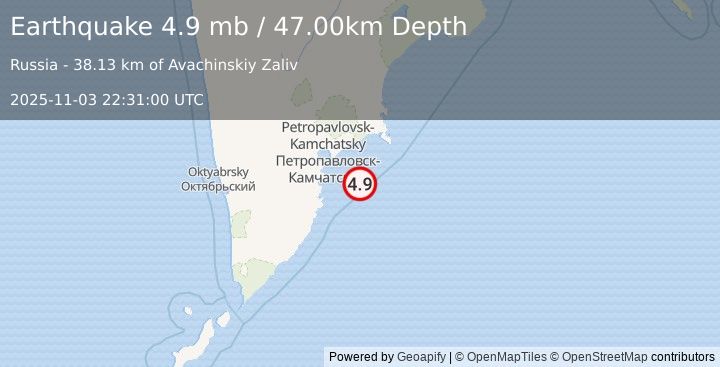 Earthquake OFF EAST COAST OF KAMCHATKA (4.9 mb) (2025-11-03 22:31:00 UTC)