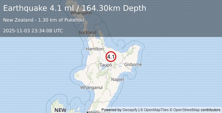 Earthquake NORTH ISLAND OF NEW ZEALAND (4.1 ml) (2025-11-03 23:34:08 UTC)