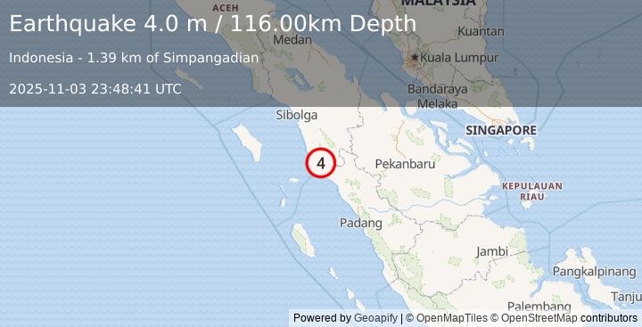 Earthquake NORTHERN SUMATRA, INDONESIA (4.0 m) (2025-11-03 23:48:41 UTC)