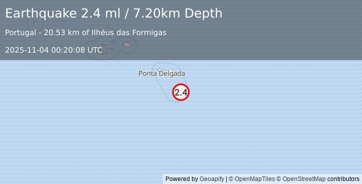Earthquake AZORES ISLANDS REGION (2.4 ml) (2025-11-04 00:20:08 UTC)