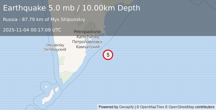 Earthquake OFF EAST COAST OF KAMCHATKA (5.0 mb) (2025-11-04 00:17:13 UTC)