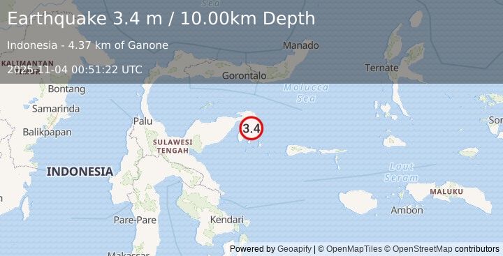 Earthquake SULAWESI, INDONESIA (3.4 m) (2025-11-04 00:51:22 UTC)