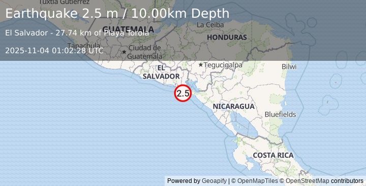 Earthquake OFFSHORE EL SALVADOR (2.5 m) (2025-11-04 01:02:28 UTC)