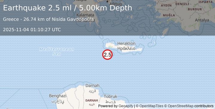 Earthquake CRETE, GREECE (2.5 ml) (2025-11-04 01:10:27 UTC)