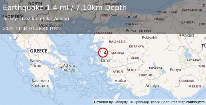 Earthquake NEAR THE COAST OF WESTERN TURKEY (1.4 ml) (2025-11-04 01:28:40 UTC)
