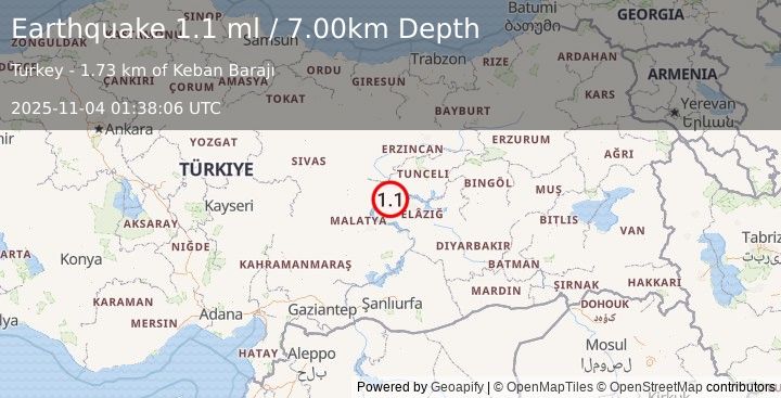 Earthquake EASTERN TURKEY (1.1 ml) (2025-11-04 01:38:06 UTC)