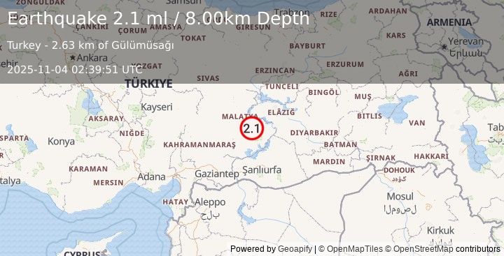 Earthquake EASTERN TURKEY (2.1 ml) (2025-11-04 02:39:51 UTC)