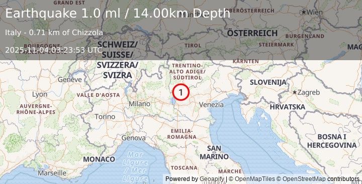 Earthquake NORTHERN ITALY (1.0 ml) (2025-11-04 03:23:53 UTC)