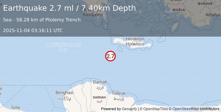 Earthquake CRETE, GREECE (2.7 ml) (2025-11-04 03:16:11 UTC)