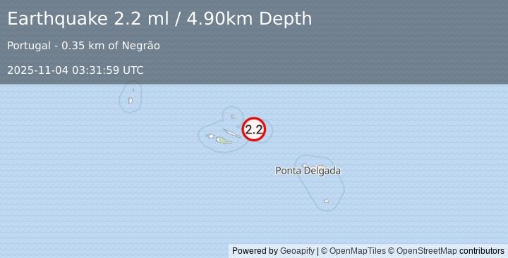 Earthquake AZORES ISLANDS, PORTUGAL (2.2 ml) (2025-11-04 03:31:59 UTC)