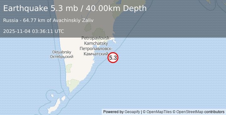 Earthquake OFF EAST COAST OF KAMCHATKA (5.3 mb) (2025-11-04 03:36:06 UTC)