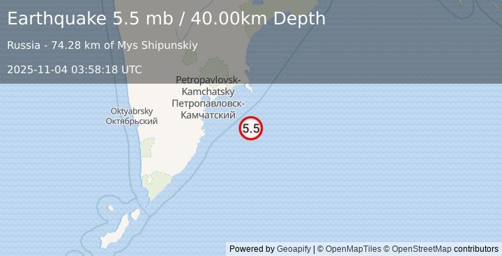 Earthquake OFF EAST COAST OF KAMCHATKA (5.1 mb) (2025-11-04 03:58:16 UTC)