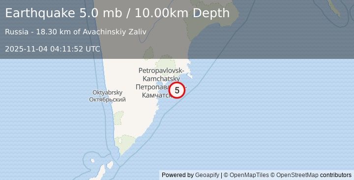 Earthquake OFF EAST COAST OF KAMCHATKA (5.0 mb) (2025-11-04 04:11:52 UTC)