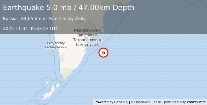 Earthquake OFF EAST COAST OF KAMCHATKA (5.0 mb) (2025-11-04 05:33:43 UTC)