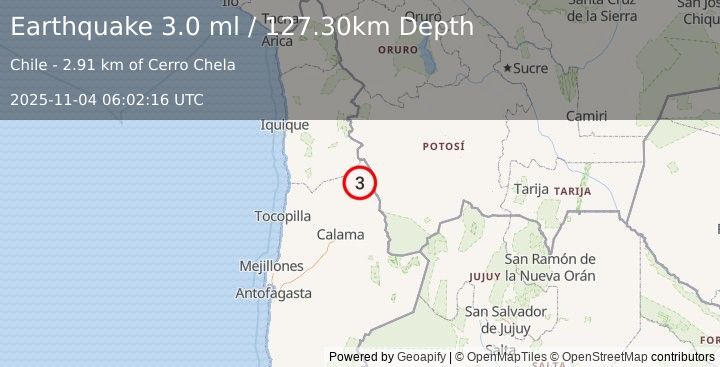 Earthquake ANTOFAGASTA, CHILE (3.0 ml) (2025-11-04 06:02:16 UTC)