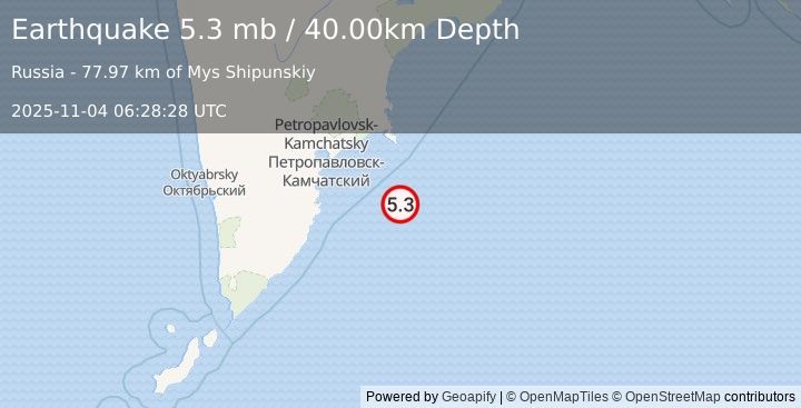 Earthquake OFF EAST COAST OF KAMCHATKA (5.4 mb) (2025-11-04 06:28:26 UTC)