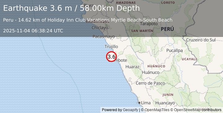 Earthquake NEAR COAST OF NORTHERN PERU (3.6 m) (2025-11-04 06:38:24 UTC)