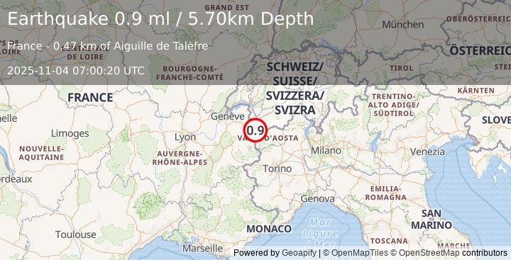Earthquake NORTHERN ITALY (0.9 ml) (2025-11-04 07:00:20 UTC)