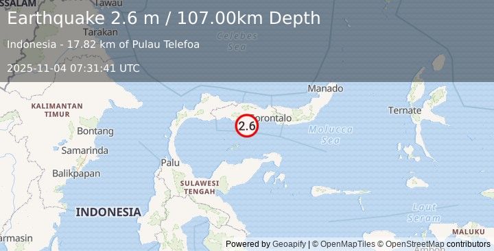 Earthquake MINAHASA, SULAWESI, INDONESIA (2.6 m) (2025-11-04 07:31:41 UTC)