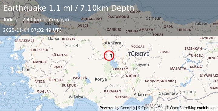 Earthquake CENTRAL TURKEY (1.1 ml) (2025-11-04 07:32:49 UTC)