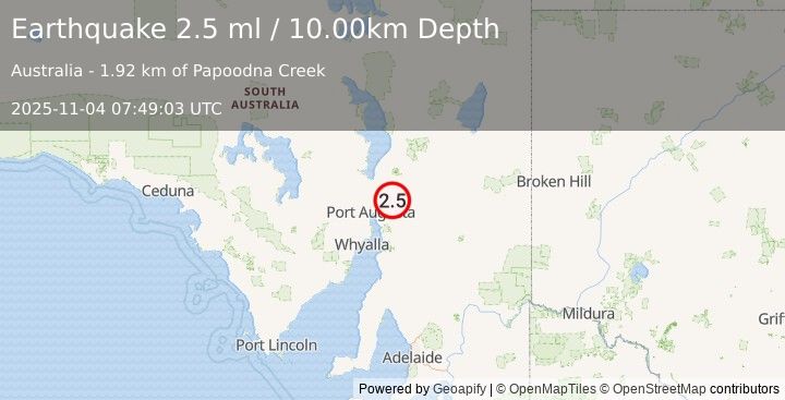 Earthquake NEAR COAST OF SOUTH AUSTRALIA (2.5 ml) (2025-11-04 07:49:03 UTC)