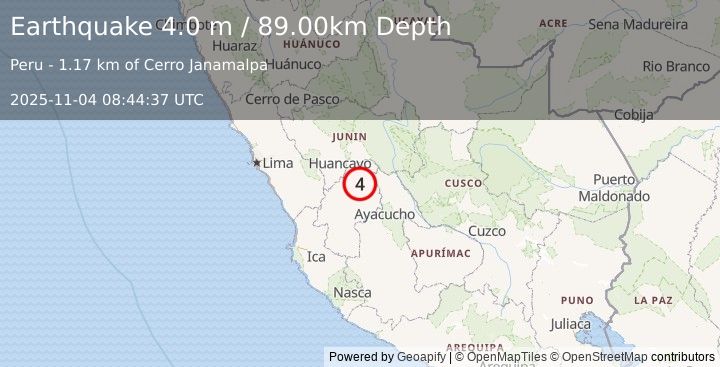 Earthquake CENTRAL PERU (4.0 m) (2025-11-04 08:44:37 UTC)