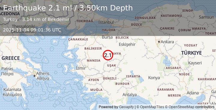 Earthquake WESTERN TURKEY (2.1 ml) (2025-11-04 09:01:36 UTC)