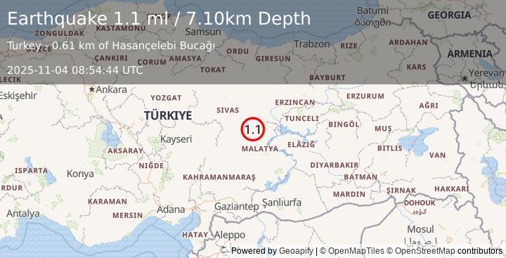Earthquake CENTRAL TURKEY (1.1 ml) (2025-11-04 08:54:44 UTC)