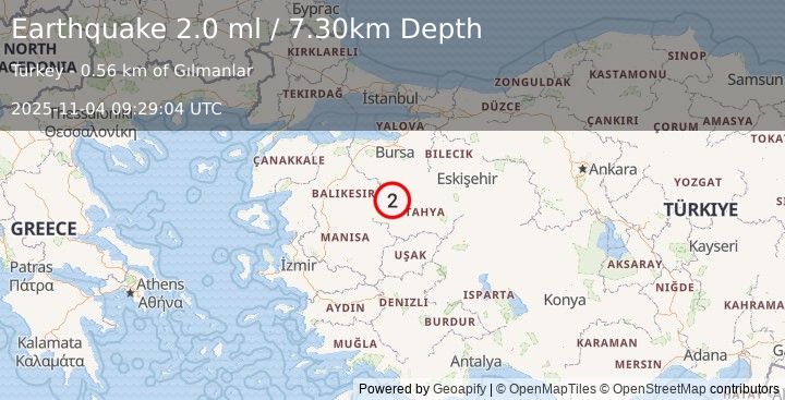 Earthquake WESTERN TURKEY (1.9 ml) (2025-11-04 09:29:05 UTC)