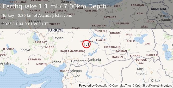 Earthquake EASTERN TURKEY (1.1 ml) (2025-11-04 09:13:00 UTC)