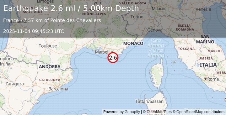 Earthquake NEAR SOUTH COAST OF FRANCE (2.5 ml) (2025-11-04 09:45:22 UTC)