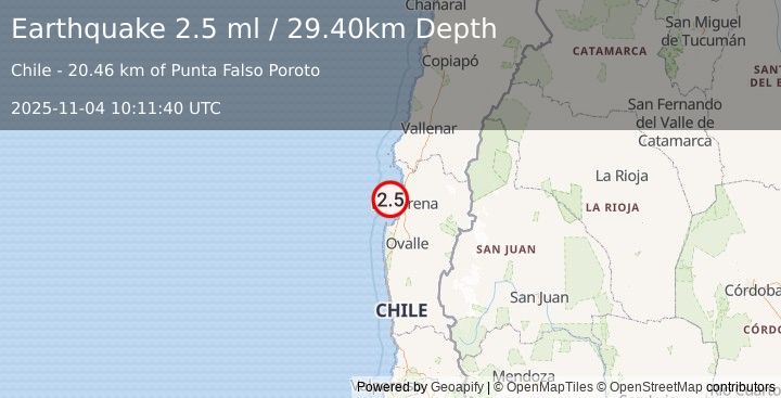 Earthquake OFFSHORE COQUIMBO, CHILE (2.5 ml) (2025-11-04 10:11:40 UTC)