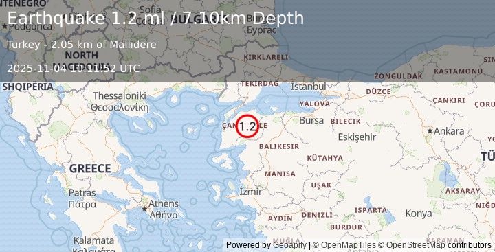 Earthquake WESTERN TURKEY (1.2 ml) (2025-11-04 10:11:52 UTC)