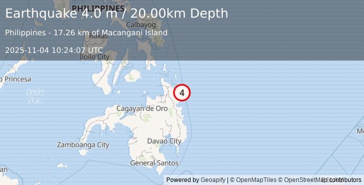 Earthquake MINDANAO, PHILIPPINES (4.0 m) (2025-11-04 10:24:07 UTC)